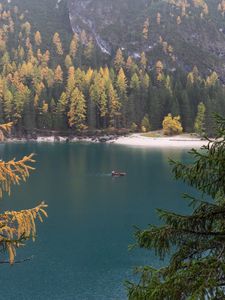 Превью обои озеро, лодка, вода, берег, деревья
