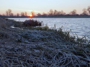 Превью обои озеро, мороз, иней, трава, рассвет