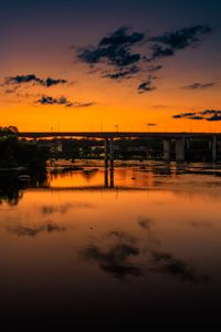 Превью обои озеро, мост, деревья, облака, небо, закат, темный