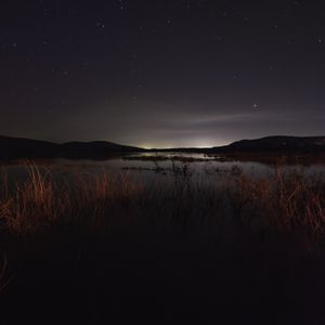 Превью обои озеро, ночь, звездное небо, трава, темнота