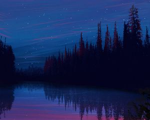 Превью обои озеро, ночь, звездное небо, пейзаж, арт