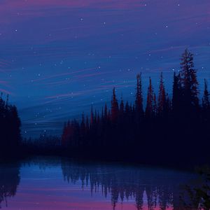 Превью обои озеро, ночь, звездное небо, пейзаж, арт