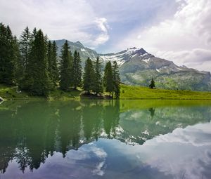 Превью обои озеро, пейзаж, деревья, горы, отражение