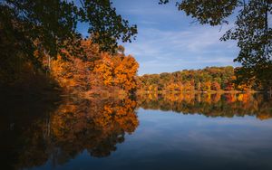Превью обои озеро, пейзаж, осень, деревья, отражение