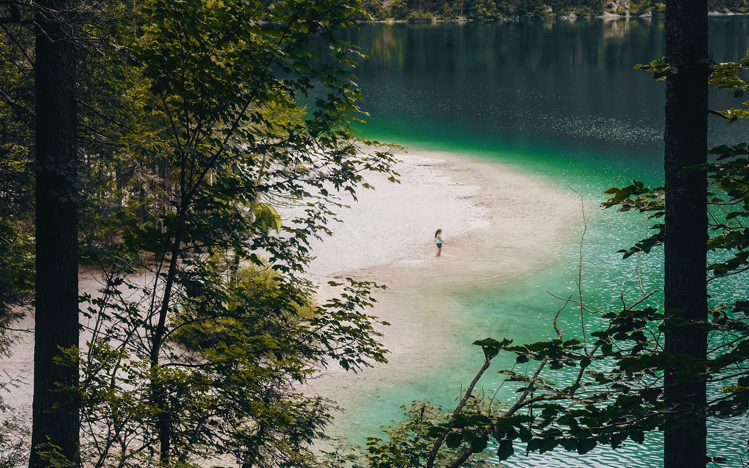 Озеро в лесу с пляжем