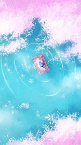 Превью обои озеро, плот, силуэт, берег, арт