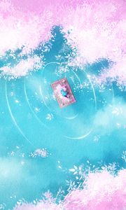 Превью обои озеро, плот, силуэт, берег, арт