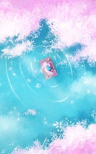 Превью обои озеро, плот, силуэт, берег, арт