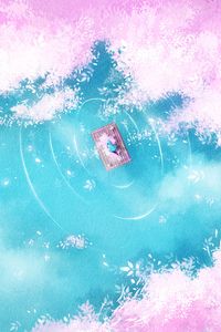 Превью обои озеро, плот, силуэт, берег, арт