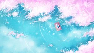 Превью обои озеро, плот, силуэт, берег, арт