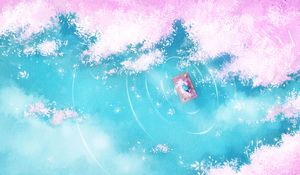 Превью обои озеро, плот, силуэт, берег, арт