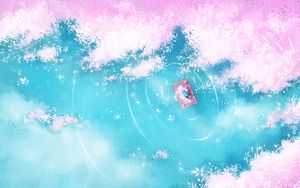 Превью обои озеро, плот, силуэт, берег, арт