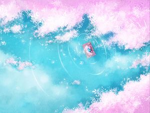 Превью обои озеро, плот, силуэт, берег, арт