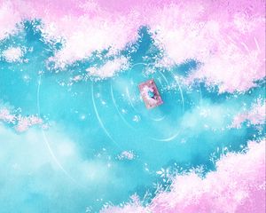 Превью обои озеро, плот, силуэт, берег, арт