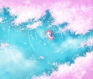 Превью обои озеро, плот, силуэт, берег, арт