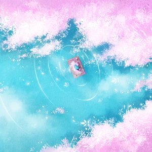 Превью обои озеро, плот, силуэт, берег, арт