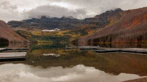 Превью обои озеро, пристань, горы, отражение