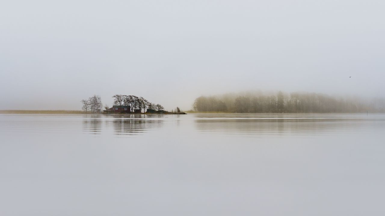 Обои озеро, туман, домик, тишина, деревья, хельсинки, финляндия