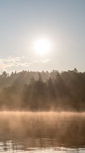 Превью обои озеро, туман, солнце, утро, природа