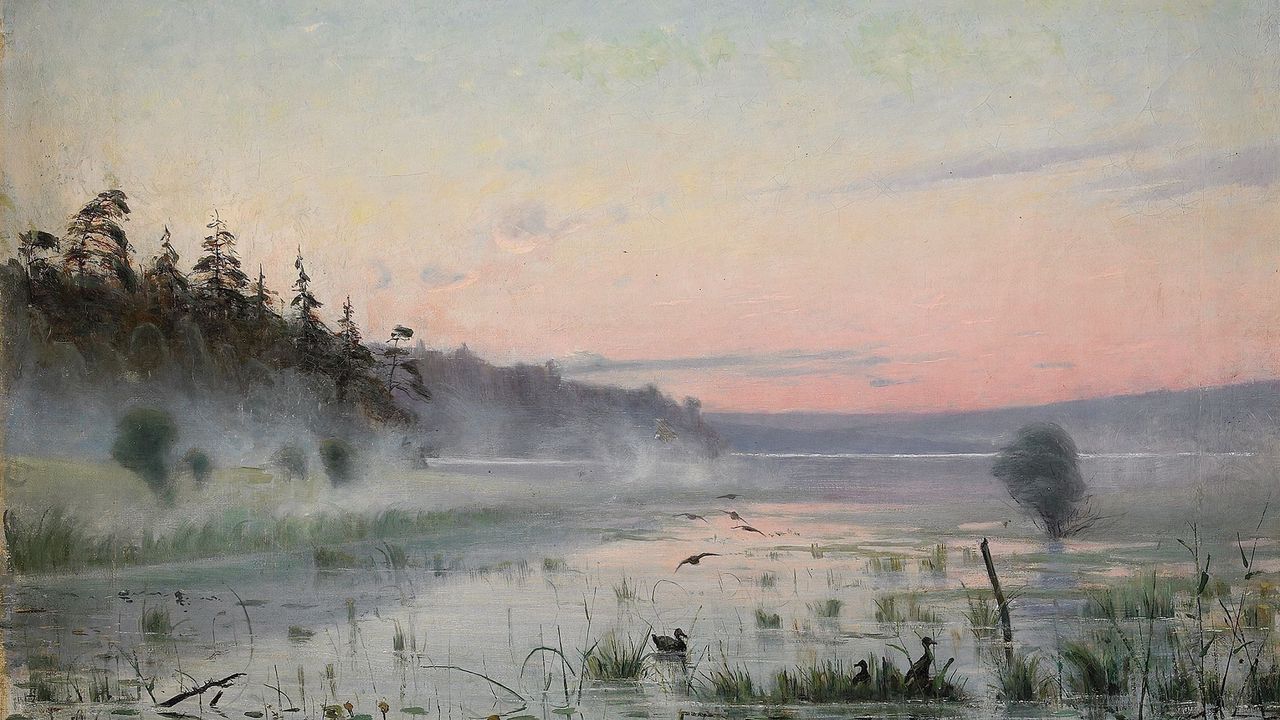 Обои озеро, утки, туман, утро, живопись, искусство, камыши