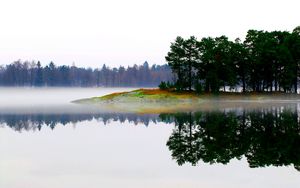 Превью обои озеро, утро, туман, деревья, островок, пейзаж
