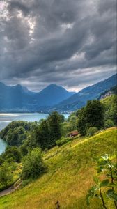 Превью обои озеро валензее, альпы, швейцария, вид сверху, hdr