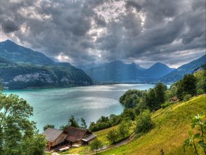 Превью обои озеро валензее, альпы, швейцария, вид сверху, hdr