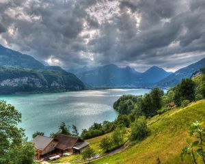 Превью обои озеро валензее, альпы, швейцария, вид сверху, hdr