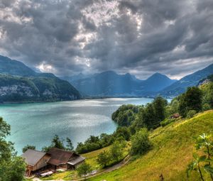 Превью обои озеро валензее, альпы, швейцария, вид сверху, hdr