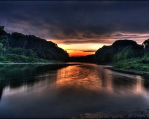 Превью обои озеро, вечер, берега, закат, hdr