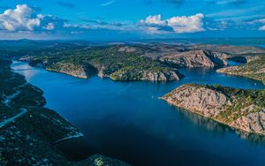 Превью обои озеро, вид сверху, острова, небо, облака, пейзаж