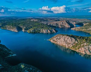 Превью обои озеро, вид сверху, острова, небо, облака, пейзаж