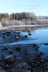 Превью обои озеро, вода, камни, снег, деревья, зима, лес, природа