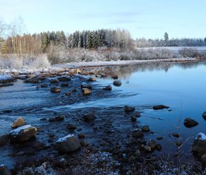 Превью обои озеро, вода, камни, снег, деревья, зима, лес, природа