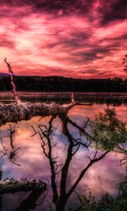 Превью обои озеро, закат, деревья, hdr