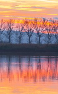 Превью обои озеро, закат, деревья, отражение