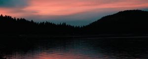 Превью обои озеро, закат, горизонт, вечер, деревья