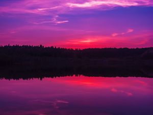 Превью обои озеро, закат, горизонт, вечер, ночь, небо