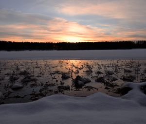 Превью обои озеро, закат, лед, снег, зима