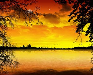 Превью обои озеро, закат, оранжевый, деревья, ветви, очертания, луна, звезда