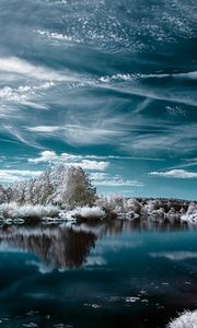 Превью обои озеро, зима, деревья, облака, отражение, иней, цвета