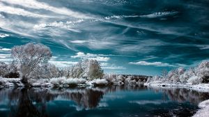 Превью обои озеро, зима, деревья, облака, отражение, иней, цвета