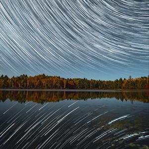 Превью обои озеро, звездное небо, размытость, звезды, длинная выдержка