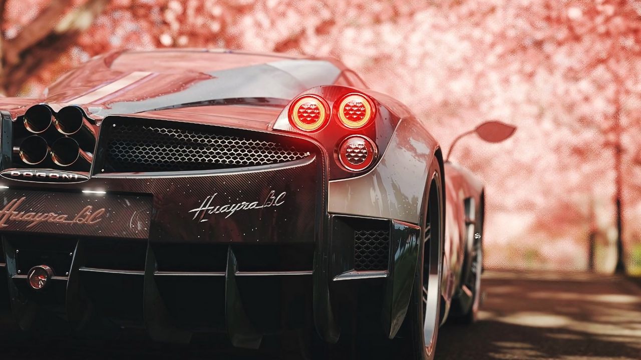 Обои pagani huayra, pagani, спорткар, суперкар, сакура, вид сзади