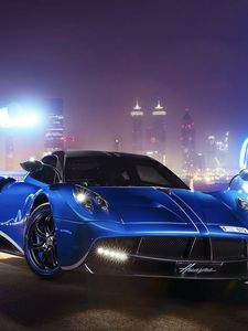 Превью обои pagani, huayra, синий, вид спереди, ночь