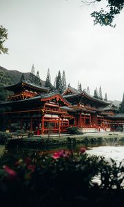 Превью обои пагода, архитектура, озеро, деревья, цветы