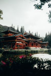 Превью обои пагода, архитектура, озеро, деревья, цветы