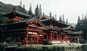 Превью обои пагода, архитектура, озеро, деревья, цветы