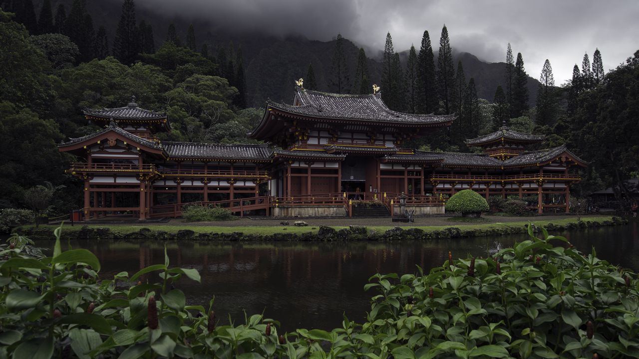 Обои пагода, архитектура, пруд, деревья, азия