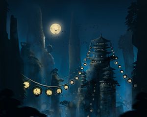 Превью обои пагода, фонарики, луна, скалы, ночь, арт